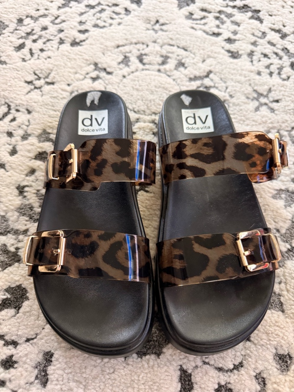 Dolce Vita Leopard Print Double-Buckle Slide Sandals - Black/Brown